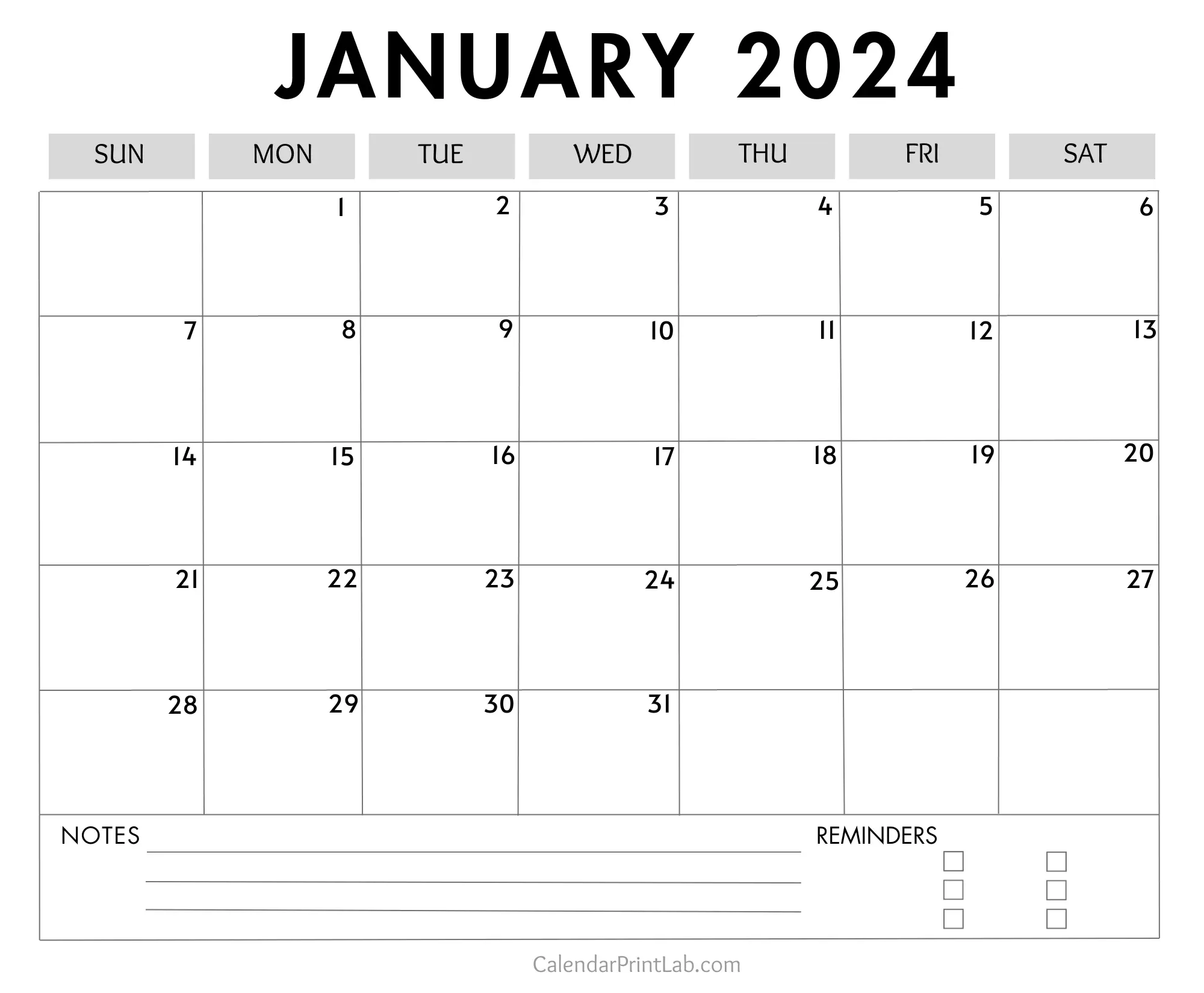 january 2024 calendar with notes