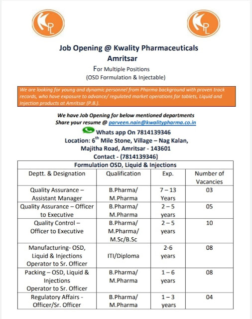 Multiple Openings for Manufacturing / QA / QC / Regulatory Affairs / Packing Departments @ Kwality Pharmaceuticals Ltd AndhraShakthi - Pharmacy Jobs