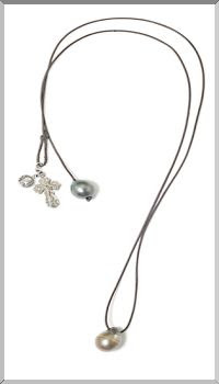 Tahitian pearls strung on fine leather adorned with vintage medals