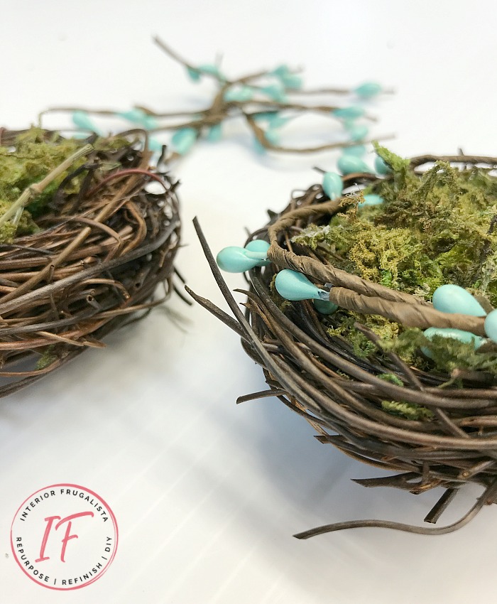 Farmhouse Spring Nest Decor on a budget with upcycled succulent pots and dollar store bird nest florals. A quick and easy Spring decor idea.