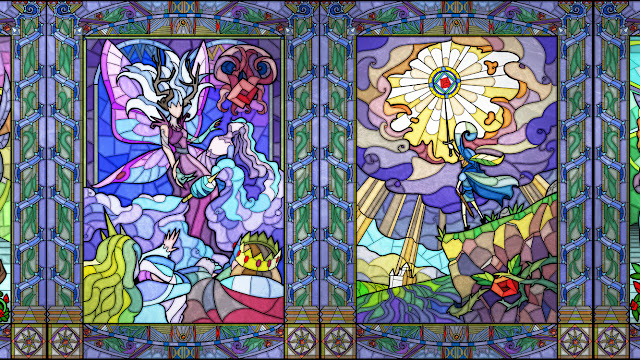 Stained glass imagery of a fairy and a hero holding up a sword from Little Briar Rose