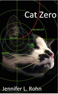 Cover image, 'Cat Zero' by Jennifer L. Rohn. Image depicts head of a white and gray-black-spotted cat, with concentric green circles centered on an axis superimposed over the cat's head. The green figures include longitude-latitude coordinate notations