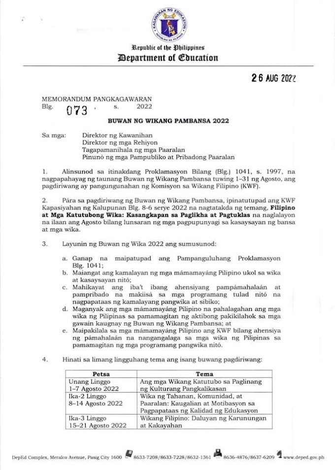 DepEd Memorandum No. 73, s. 2022.| Buwan ng Wikang Pambansa 2022 | Read and Download Here!