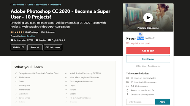 20 hours course of Adobe Photoshop CC 2020 - Become a Super User - 10 Projects! worth rupees ₹8,640 with Professional Certificate 