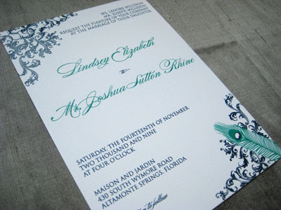 Peacock Themed Wedding Invitations on Blush Paperie  Custom Peacock Wedding Invitations   Reception
