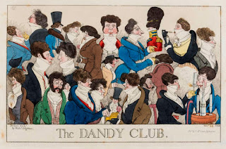 'The Dandy Club' by Richard Dighton (1918) which satirises a crowd of vain, Regency dandies with ridiculously high collars and generally appearing frivolous