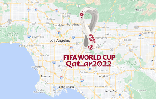 The 2022 World Cup logo overlaid on a map of Los Angeles
