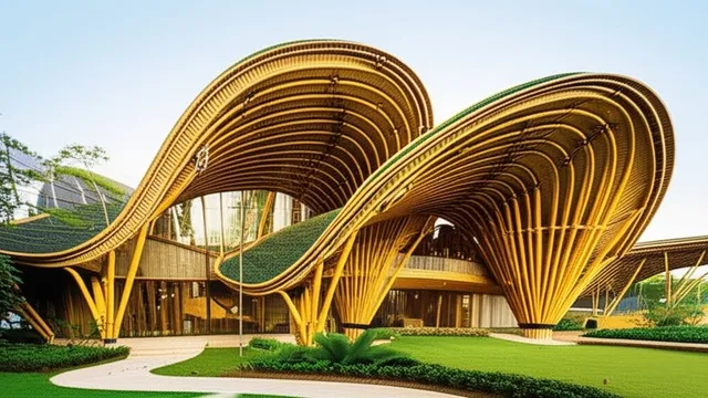 Escola construída com bambu, destacando arquitetura sustentável premiada.