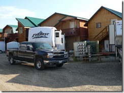 Denali Rainbow RV Park - our campsite backing onto the giftshops and the electrical panel.  The sewer is right behind this.