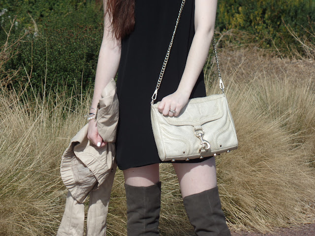 neutral colored outfit- black dress with Rebecca Minkoff Mac and over the knee boots