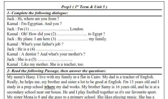 اجمل امتحان لغة انجليزية على الوحدة الخامسة للصف الاول الاعدادى الترم الاول 2023