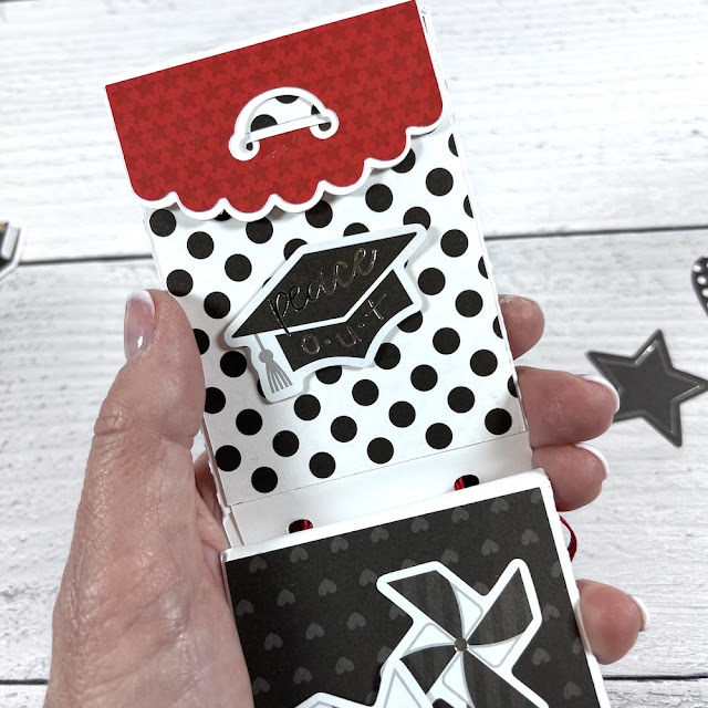 Graduation gift card holder with pockets, a cap, polka dots, and pinwheels