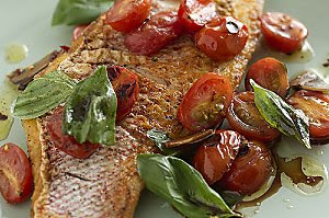 Snapper with Roasted Grape Tomatoes, Garlic, and Basil