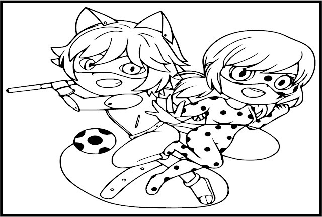 Cute Ladybug and Cat Noir Fighting Coloring Pages