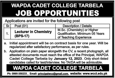 Latest Wapda Cadet College Tarbela Teaching Posts Tarbela 2023