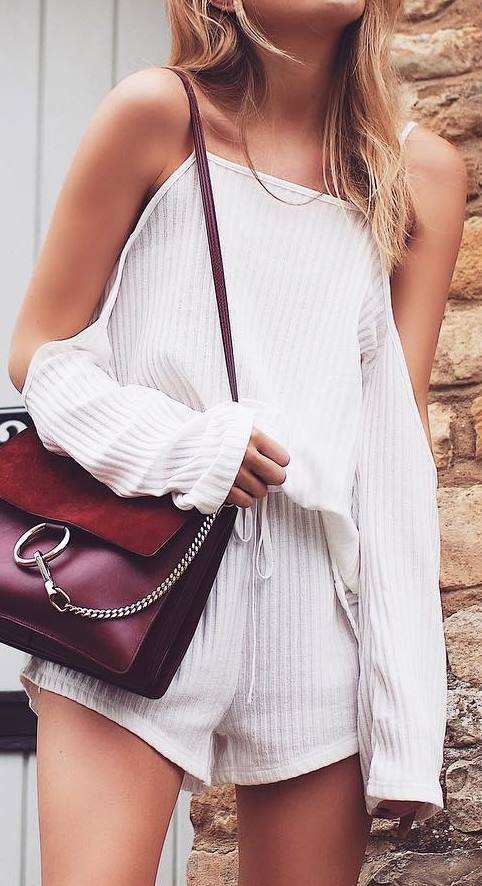 stylish outfit idea: bag + white jumpsuit