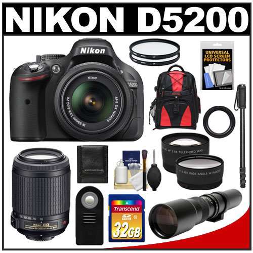 Nikon D5200 Digital SLR Camera & 18-55mm G VR DX AF-S Zoom Lens (Black) with 55-200mm VR + 500mm Telephoto Lens + 32GB Card + Backpack + Tele/Wide Lenses + Monopod + Accessory Kit