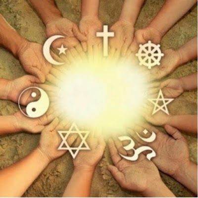 Circle of hands with symbols of all religions united