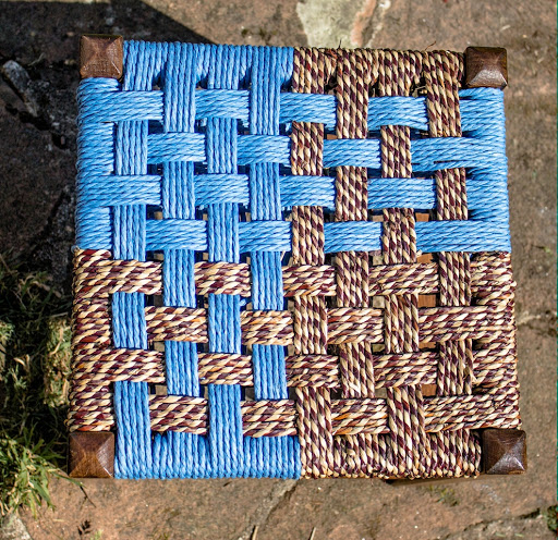 wooden stool with unusual pattern in blue Danish cord and 2-tone seagrass