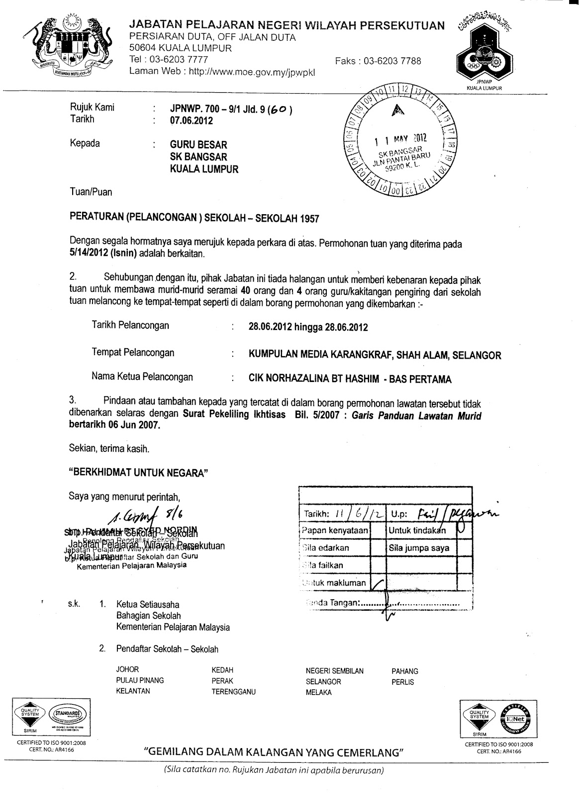 PUSAT SUMBER SEKOLAH: SURAT KEBENARAN LAWATAN KE KUMPULAN 