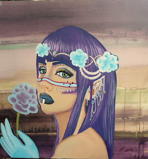 A painting by Cindy Barahona-Roth. The painting is of a female elf, with purple hair and intricate jewelry hanging from her pointed ear. She has intricate makeup on, with lines and dots in patterns.