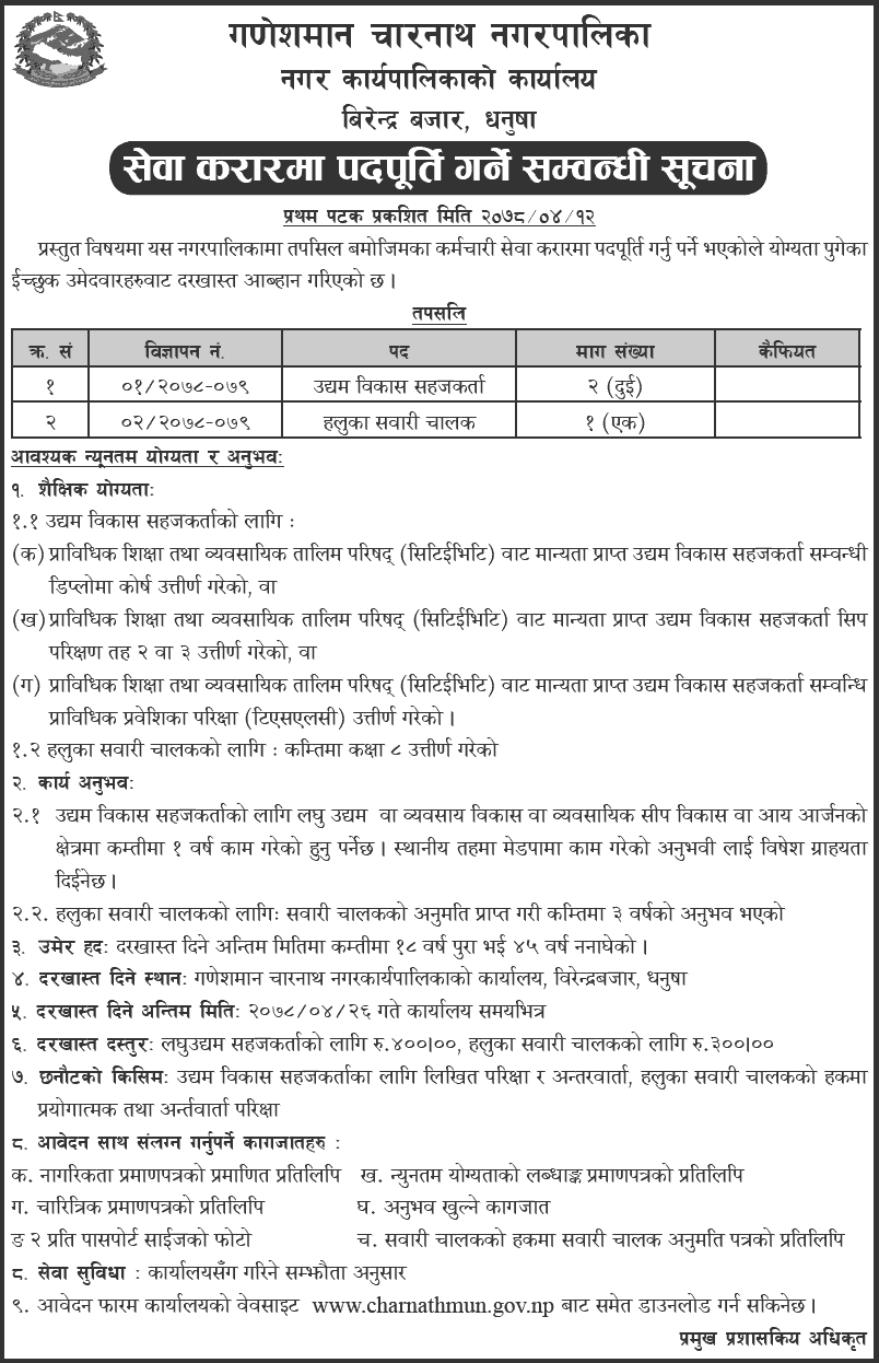 Ganeshman Charnath Municipality Vacancy Announcement