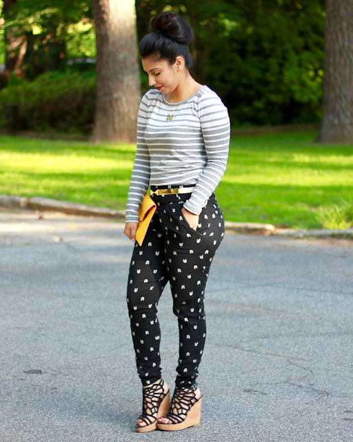 blood orange lipstick, red lipstick, orange lipstick, red orange lipstick, printed pants, how to wear printed pants, how to wear mixed prints, mixed prints, mixing prints, wedges, wedges for summer, ballerina bun