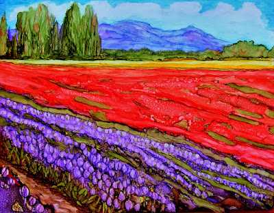 alcohol ink on YUPO painting of Skagit Valley tulips, received Honorable Mention award in South Sound art competition, 2017, copyright Anne Doane 2017