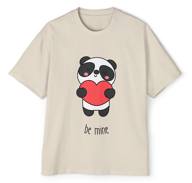 Men's Heavy Oversized T-Shirt With Black Red White Cute Teddy Bear Be Mine Illustrated Valentine's Day