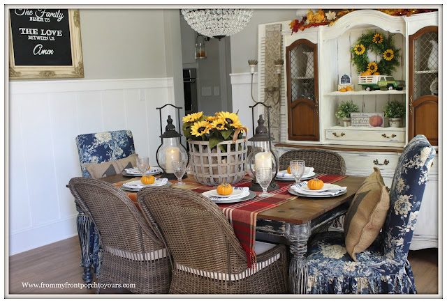  French Farmhouse Style Fall Dining Room-Steeple Lanterns-Decor Steals-Basket of Sunflowers-From My Front Porch To Yours