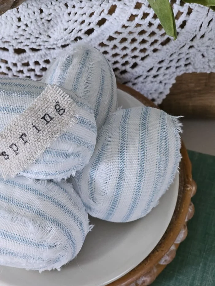 close up of ticking stripe Easter eggs, Spring stamped tag