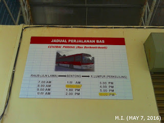 Central Pahang Bus Timetable from Raub Jalan Lama to Bentong to Kuala Lumpur Perkeliling (May 7, 2016)