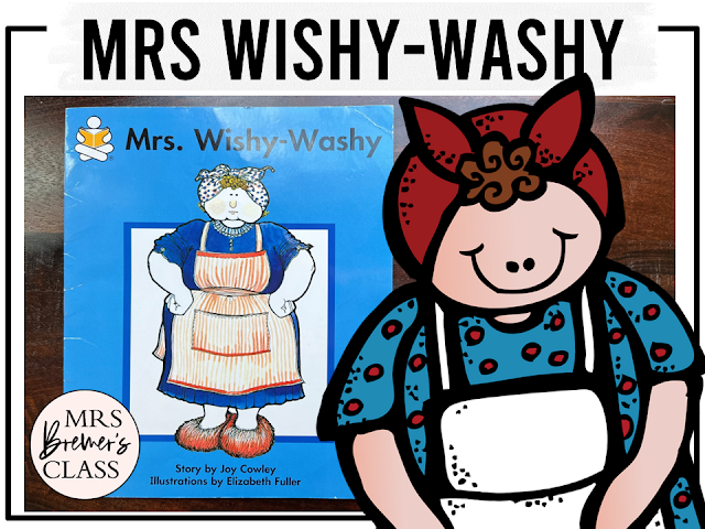 Mrs Wishy Washy book activities unit with literacy printables, reading comprehension activities, lesson ideas, companion worksheets for Kindergarten and First Grade