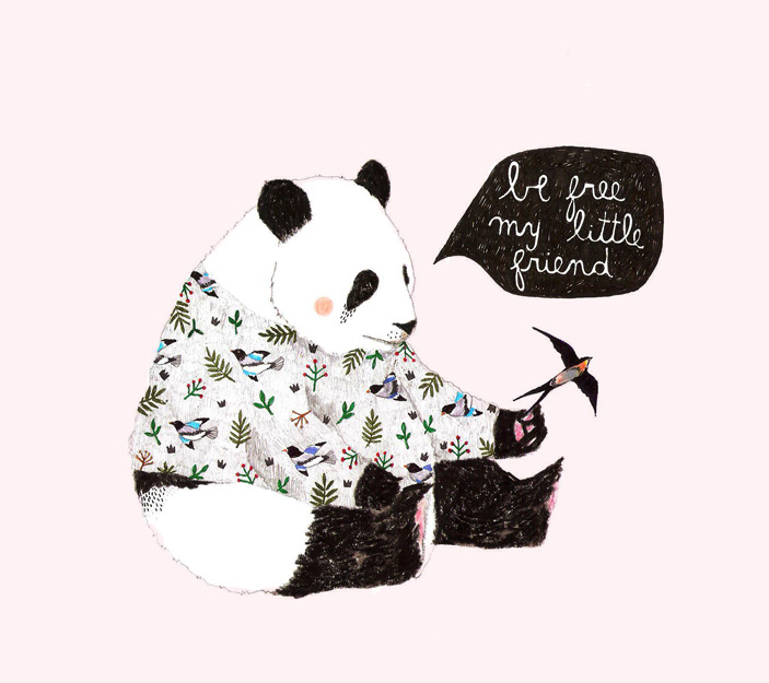 panda bear and bird illustration by Daniela Dahf henriquez