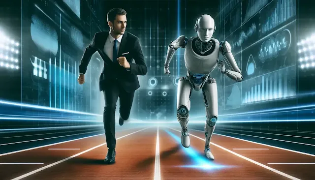 A business professional and a humanoid robot running side by side on a futuristic track, symbolizing the competitive and collaborative future of AI and humans.