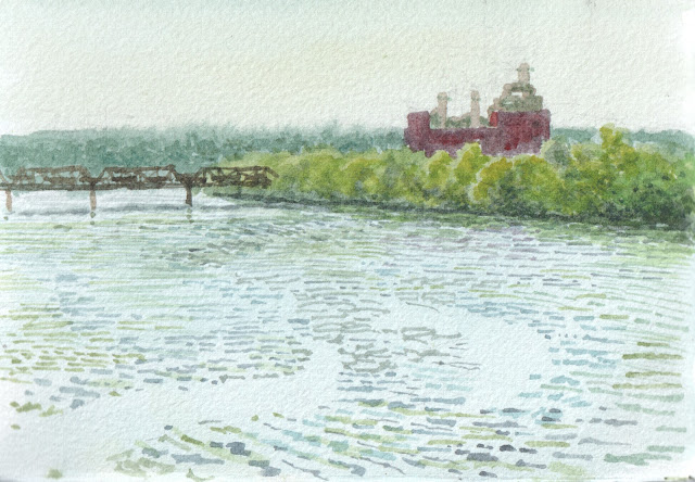 Watercolor sketch of river view with power plant and railroad bridge