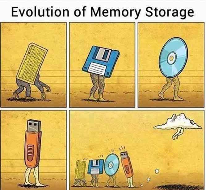 Evolution of memory storage! - Funny Tech and IT Memes pictures, photos, images, pics, captions, jokes, quotes, wishes, quotes, SMS, status, messages, wallpapers