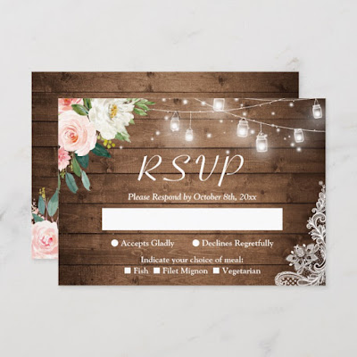  Rustic Mason Jar Lights Blush Floral Lace Wedding RSVP Card