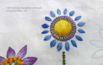 Blue embroidered flower with yellow centre