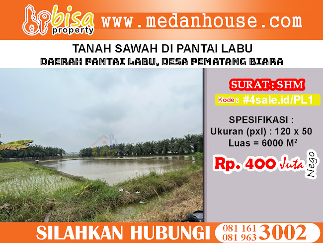 DIJUAL TANAH SAWAH DI DAERAH PANTAI LABU Desa Pematang Biara