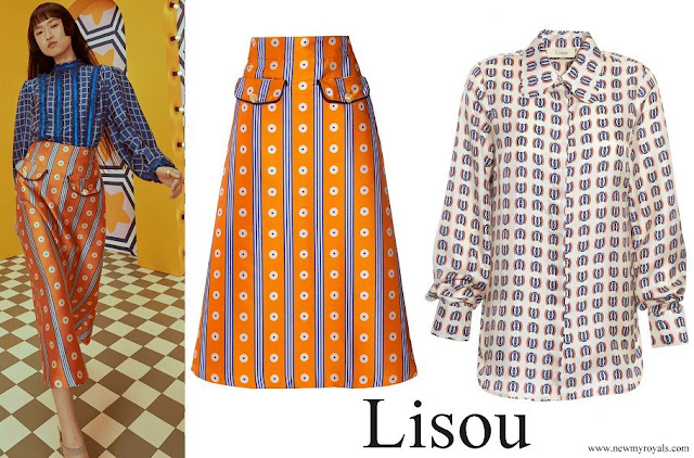 Crown Princess Mette-Marit wore Lisou Iona Blue Orange Colline Print Silk Jacquard Skirt and Lisou Bailey Blue Fauna Print Silk Shirt