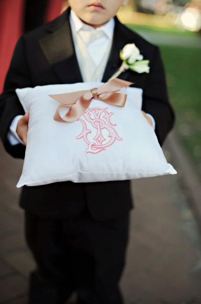 Embroidered Ring Bearer pillow with their custom wedding monogram