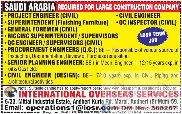 Construction company jobs for KSA