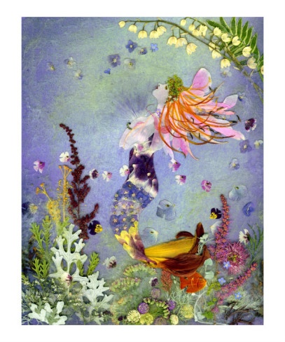 purple mermaid fairy flying through flower garden