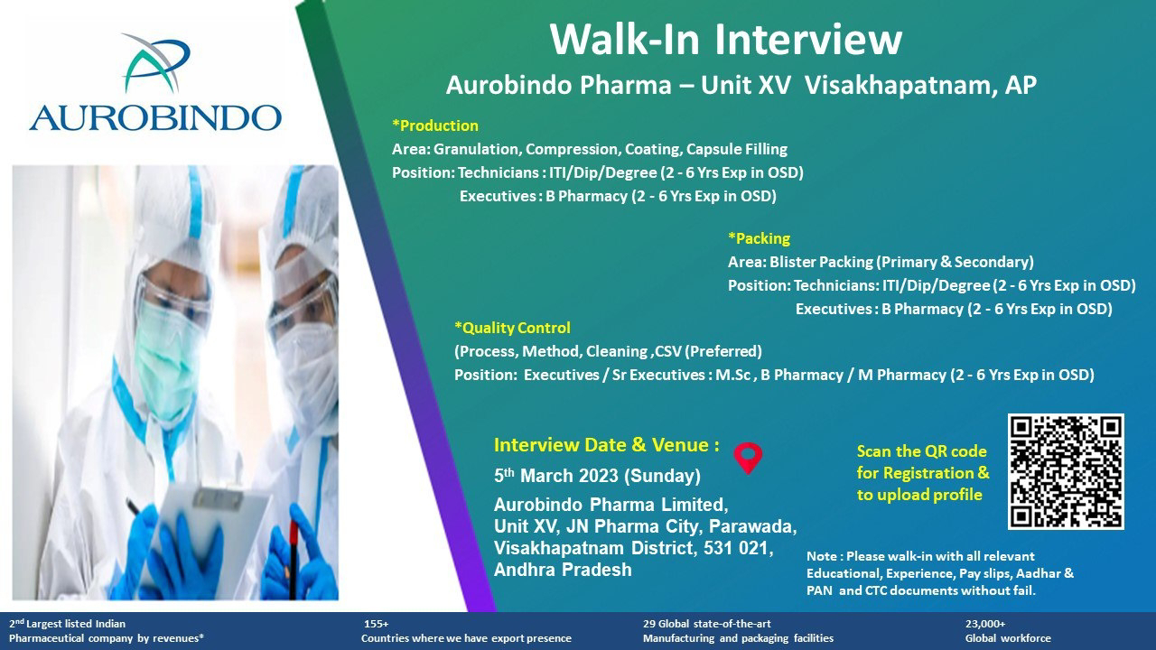 Job Availables, Aurobindo Pharma Walk In Interview For Production/ Packing/ Quality Control Department