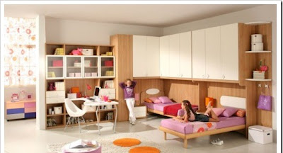 Large teen room with wooden elements designed for girls