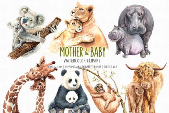 Watercolor Mom and Baby Animals