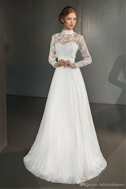 Greek-A-Line-High-Neck-Long-Sleeves-Long-Chiffon-Princess-Bohemian-Wedding-Gowns