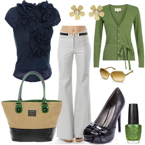 Look primaveral con pantalón blanco-blusa negra-saco verde-bolso combinado-calzado negro y accesorios