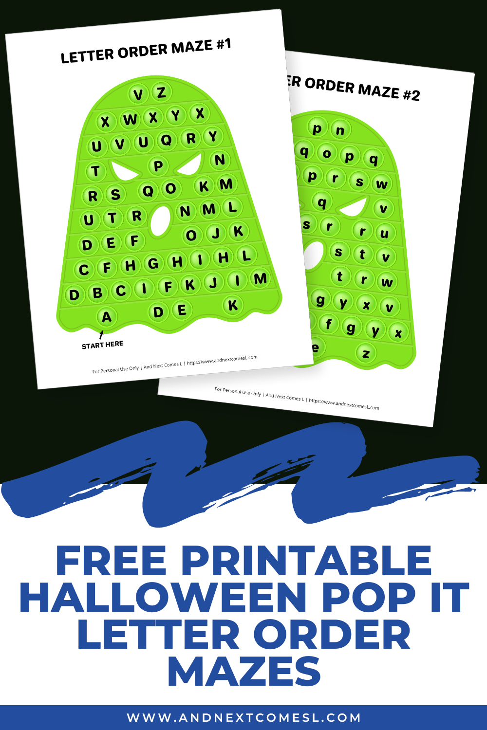 Free printable Halloween ghost pop it letter order mazes - a fun Halloween alphabet activity for kids!